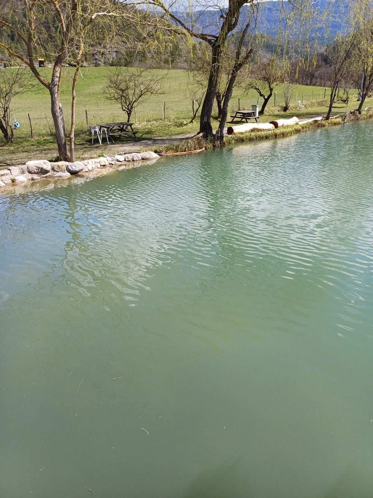 L'eau turquoise du lac de pêche à la truite
